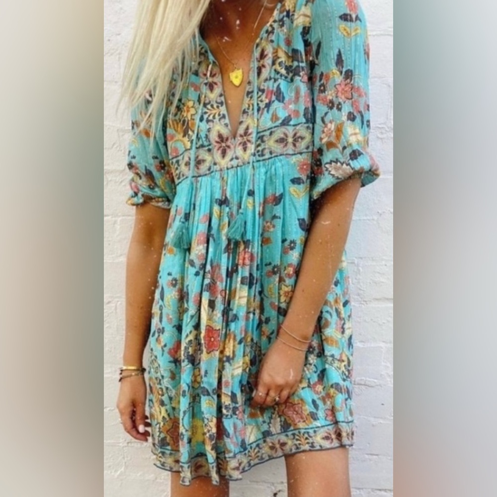 Spell VINTAGE Hendrix Tunic Dress -Sky . Size S Floral Long Sleeve Dress